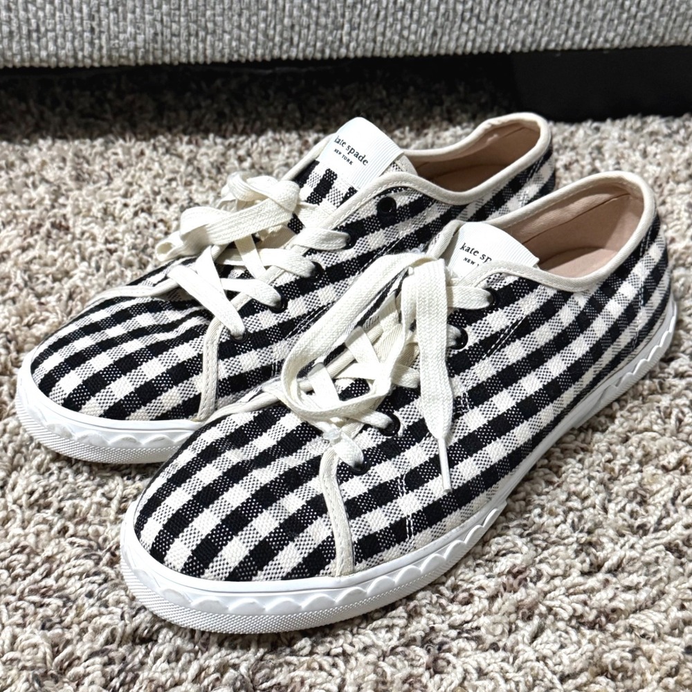 Kate Spade New York Gingham Scalloped Sneakers Black White Textile Womens 11B